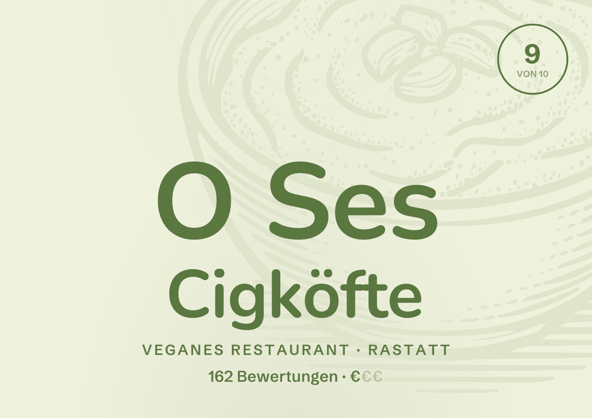 Illustriertes Poster von O Ses Cigköfte, Veganes Restaurant in Rastatt: Bewertung 9 von 10 aus 162 Bewertungen, Preisniveau €