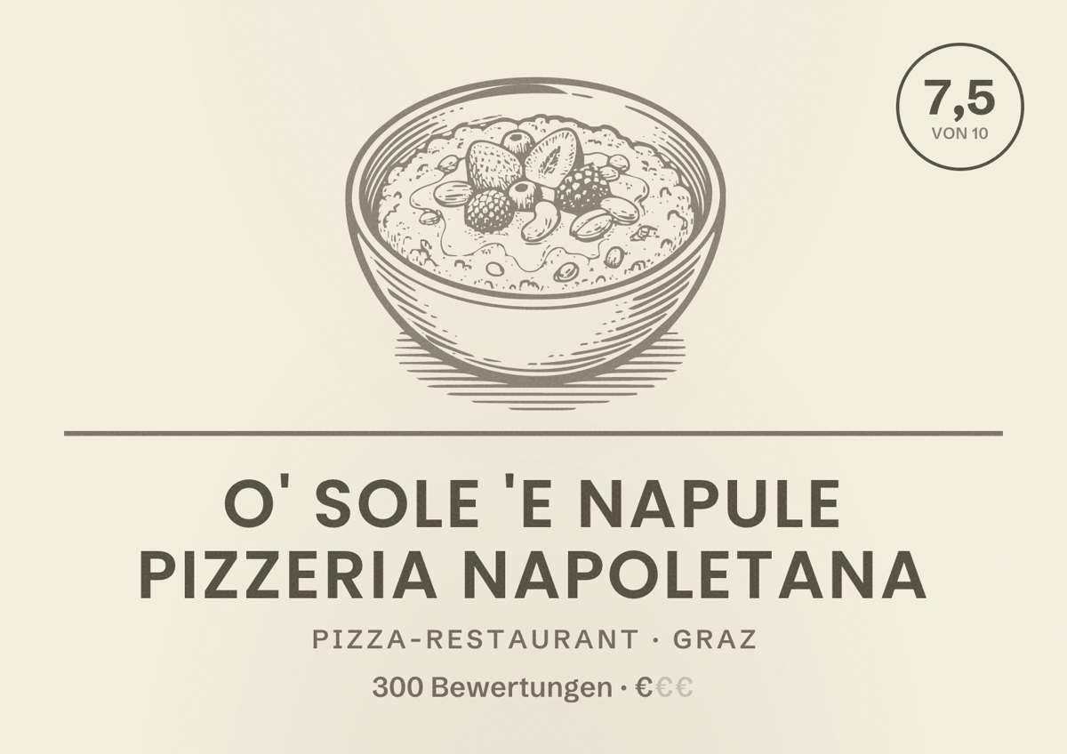 Illustriertes Poster von O' SOLE 'E NAPULE Pizzeria Napoletana, Pizza-Restaurant in Graz: Bewertung 7,5 von 10 aus 300 Bewertungen, Preisniveau €