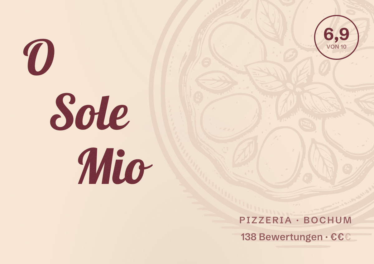 Illustriertes Poster von O Sole Mio, Pizzeria in Bochum: Bewertung 6,9 von 10 aus 138 Bewertungen, Preisniveau €€