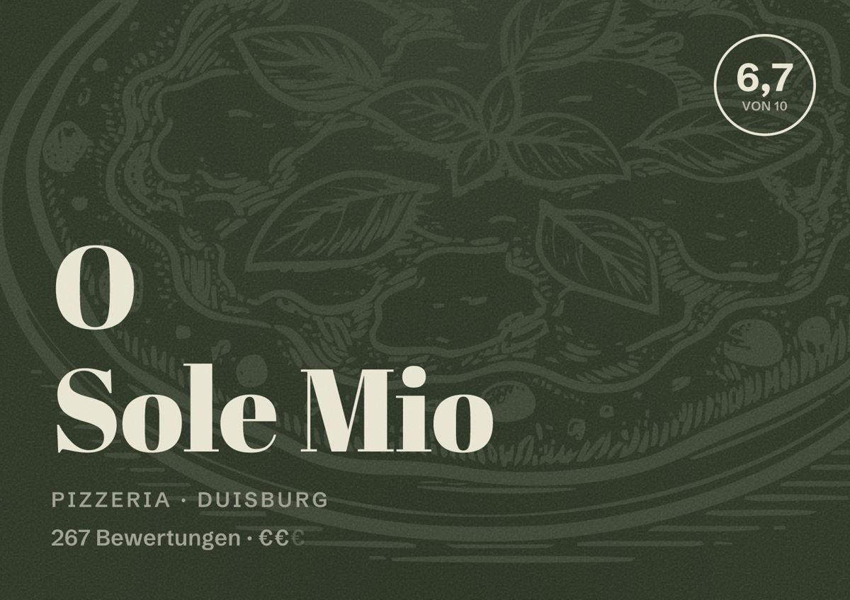Illustriertes Poster von O Sole Mio, Pizzeria in Duisburg: Bewertung 6,7 von 10 aus 267 Bewertungen, Preisniveau €€