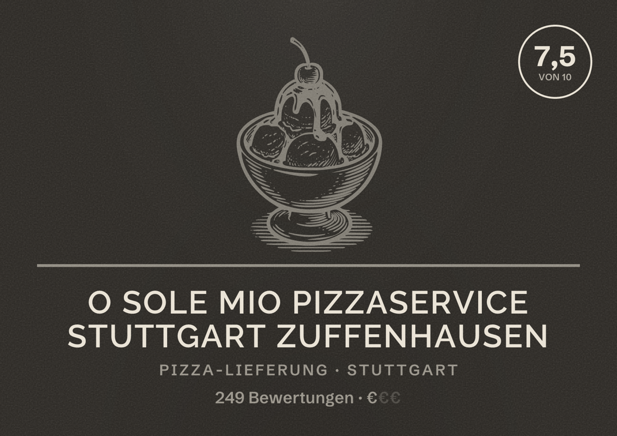 Illustriertes Poster von O Sole Mio Pizzaservice Stuttgart Zuffenhausen, Pizza-Lieferung in Stuttgart: Bewertung 7,5 von 10 aus 249 Bewertungen, Preisniveau €