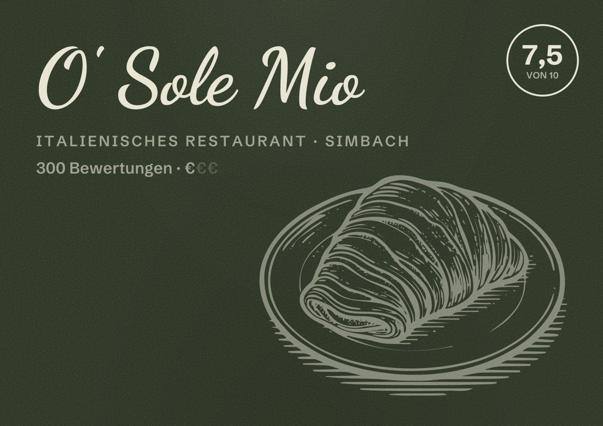 Illustriertes Poster von O' Sole Mio, Italienisches Restaurant in Simbach: Bewertung 7,5 von 10 aus 300 Bewertungen, Preisniveau €
