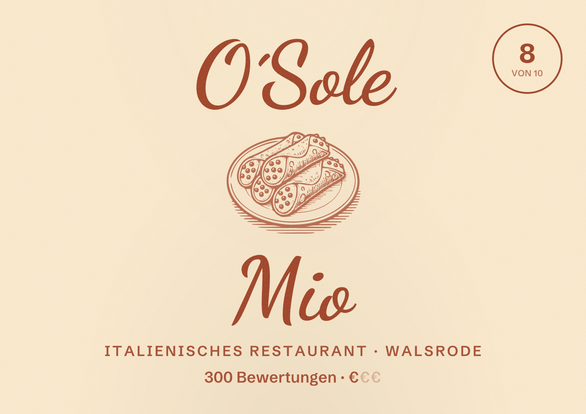 Illustriertes Poster von O´Sole Mio, Italienisches Restaurant in Walsrode: Bewertung 8 von 10 aus 300 Bewertungen, Preisniveau €