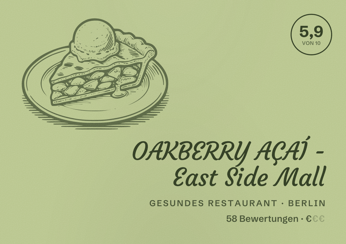 Illustriertes Poster von OAKBERRY AÇAÍ - East Side Mall, Gesundes Restaurant in Berlin: Bewertung 5,9 von 10 aus 58 Bewertungen, Preisniveau €