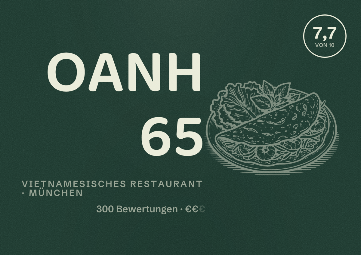 Illustriertes Poster von OANH 65, Vietnamesisches Restaurant in München: Bewertung 7,7 von 10 aus 300 Bewertungen, Preisniveau €€