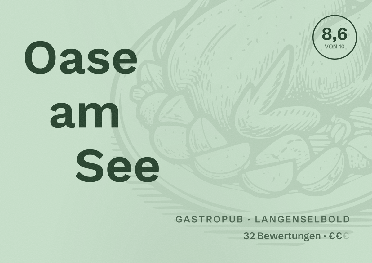 Illustriertes Poster von Oase am See, Gastropub in Langenselbold: Bewertung 8,6 von 10 aus 32 Bewertungen, Preisniveau €€