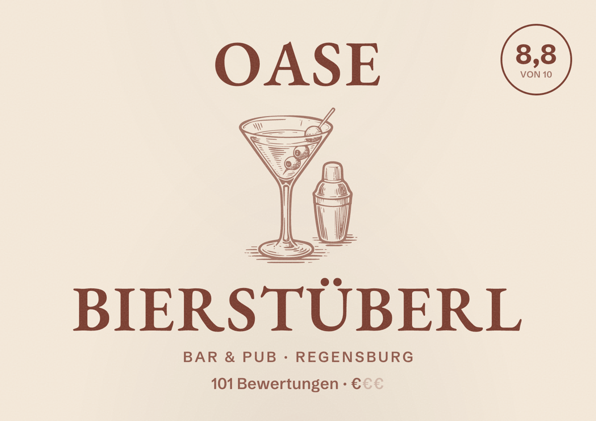 Illustriertes Poster von Oase Bierstüberl, Bar & Pub in Regensburg: Bewertung 8,8 von 10 aus 101 Bewertungen, Preisniveau €