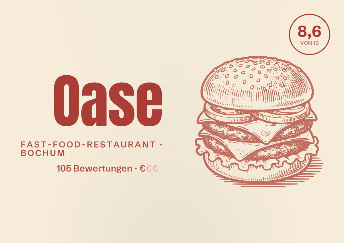 Illustriertes Poster von Oase, Fast-Food-Restaurant in Bochum: Bewertung 8,6 von 10 aus 105 Bewertungen, Preisniveau €