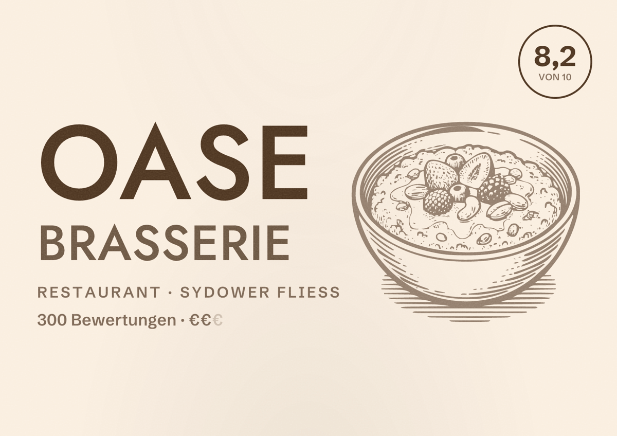 Illustriertes Poster von OASE Brasserie, Restaurant in Sydower Fließ: Bewertung 8,2 von 10 aus 300 Bewertungen, Preisniveau €€