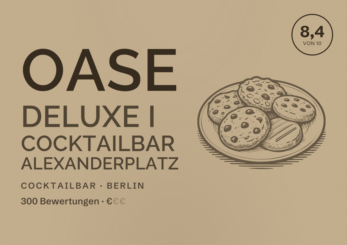 Illustriertes Poster von Oase Deluxe I Cocktailbar Alexanderplatz, Cocktailbar in Berlin: Bewertung 8,4 von 10 aus 300 Bewertungen, Preisniveau €
