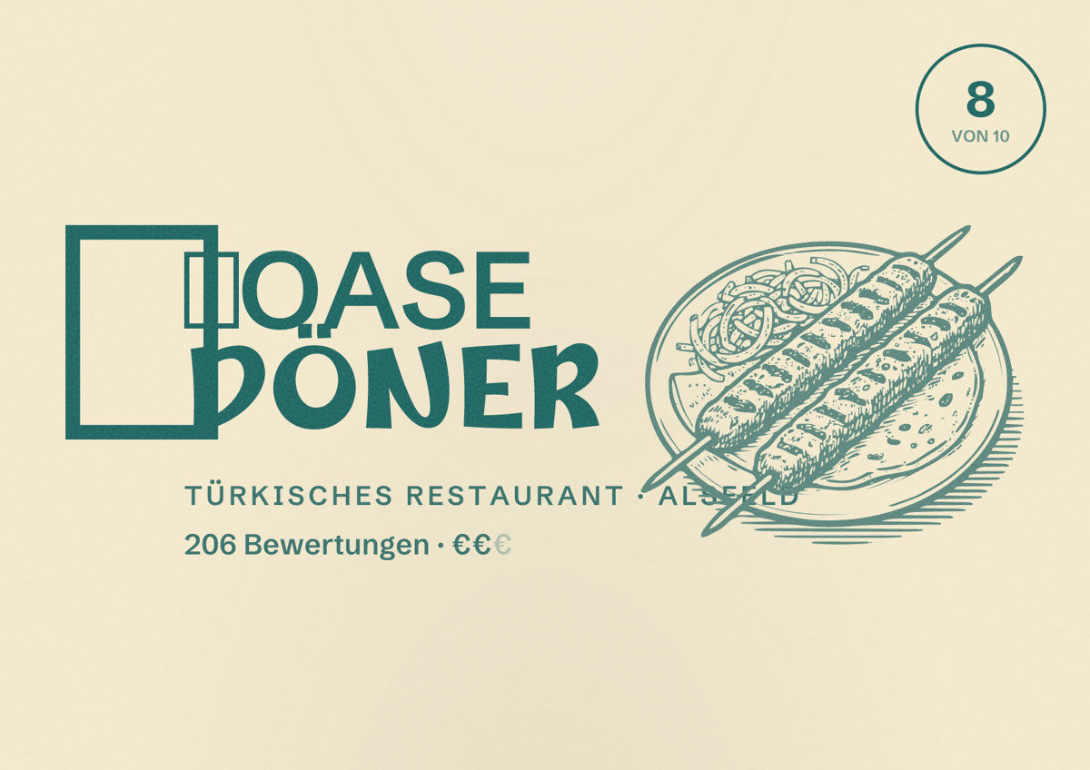 Illustriertes Poster von 🌴OASE DÖNER, Türkisches Restaurant in Alsfeld: Bewertung 8 von 10 aus 206 Bewertungen, Preisniveau €€
