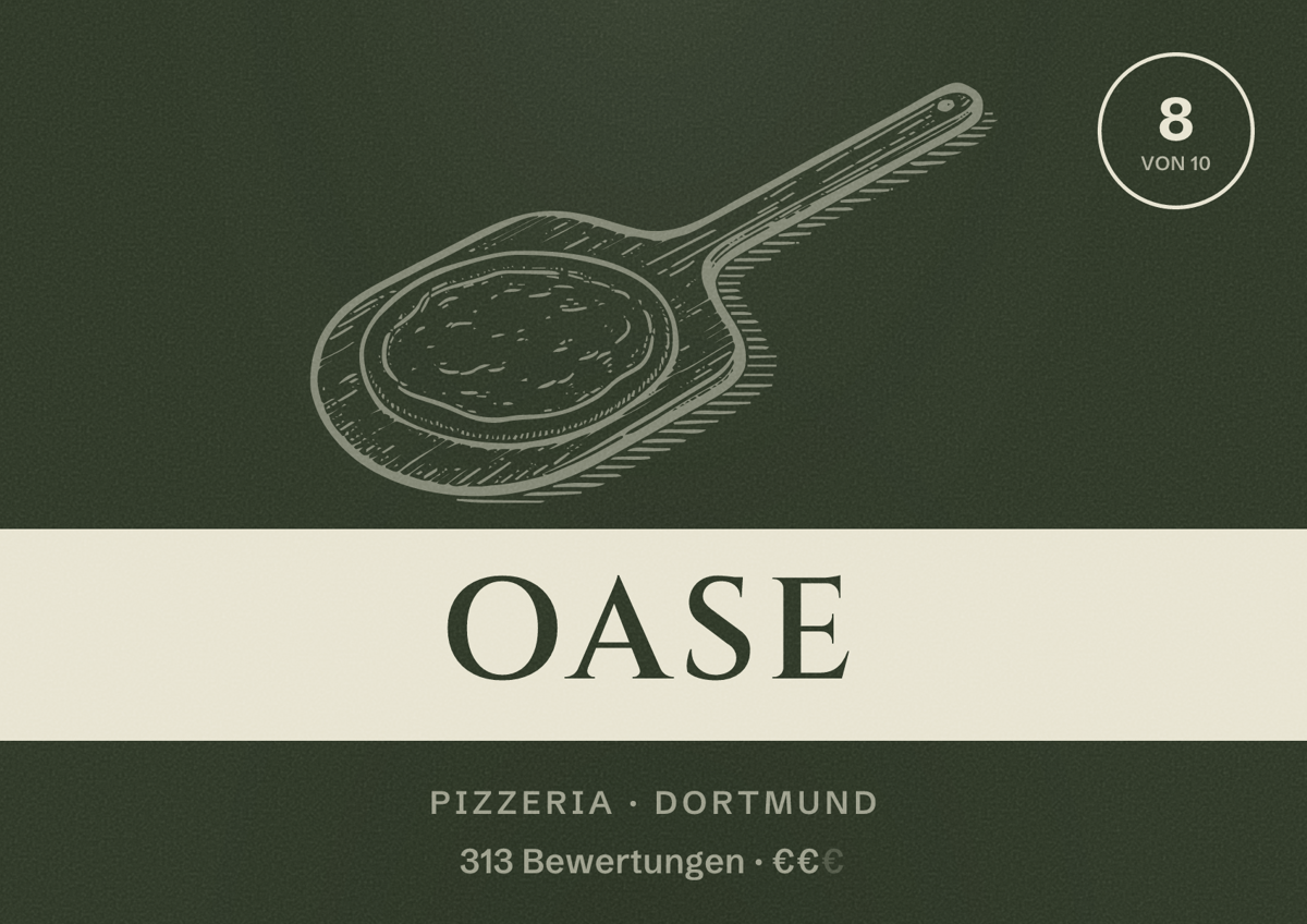 Illustriertes Poster von Oase, Pizzeria in Dortmund: Bewertung 8 von 10 aus 313 Bewertungen, Preisniveau €€