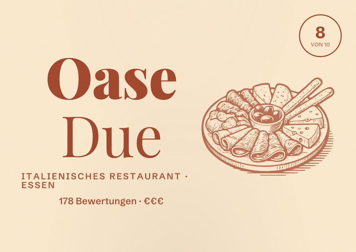 Illustriertes Poster von Oase Due, Italienisches Restaurant in Essen: Bewertung 8,0 von 10 aus 178 Bewertungen, Preisniveau €€€