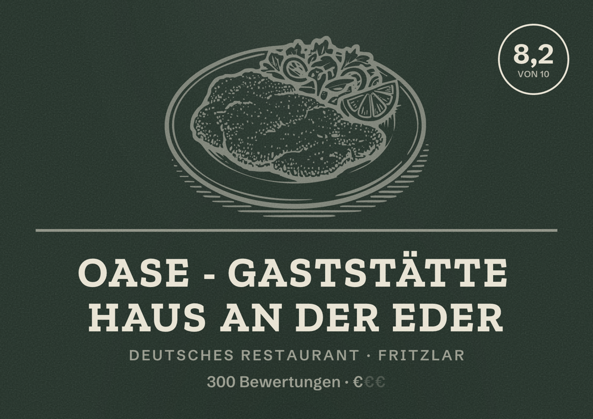 Illustriertes Poster von Oase - Gaststätte Haus an der Eder, Deutsches Restaurant in Fritzlar: Bewertung 8,2 von 10 aus 300 Bewertungen, Preisniveau €