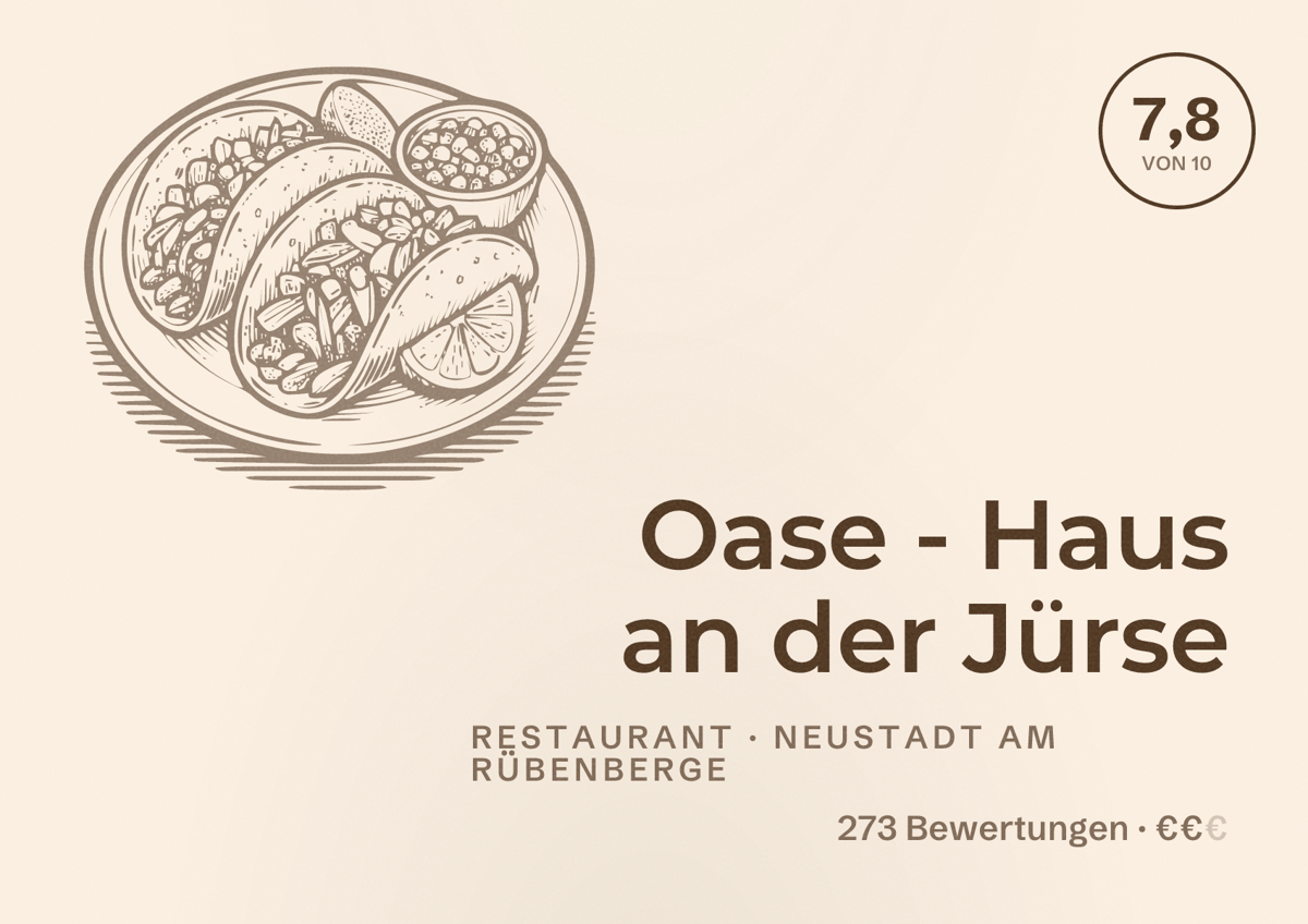 Illustriertes Poster von Oase - Haus an der Jürse, Restaurant in Neustadt am Rübenberge: Bewertung 7,8 von 10 aus 273 Bewertungen, Preisniveau €€