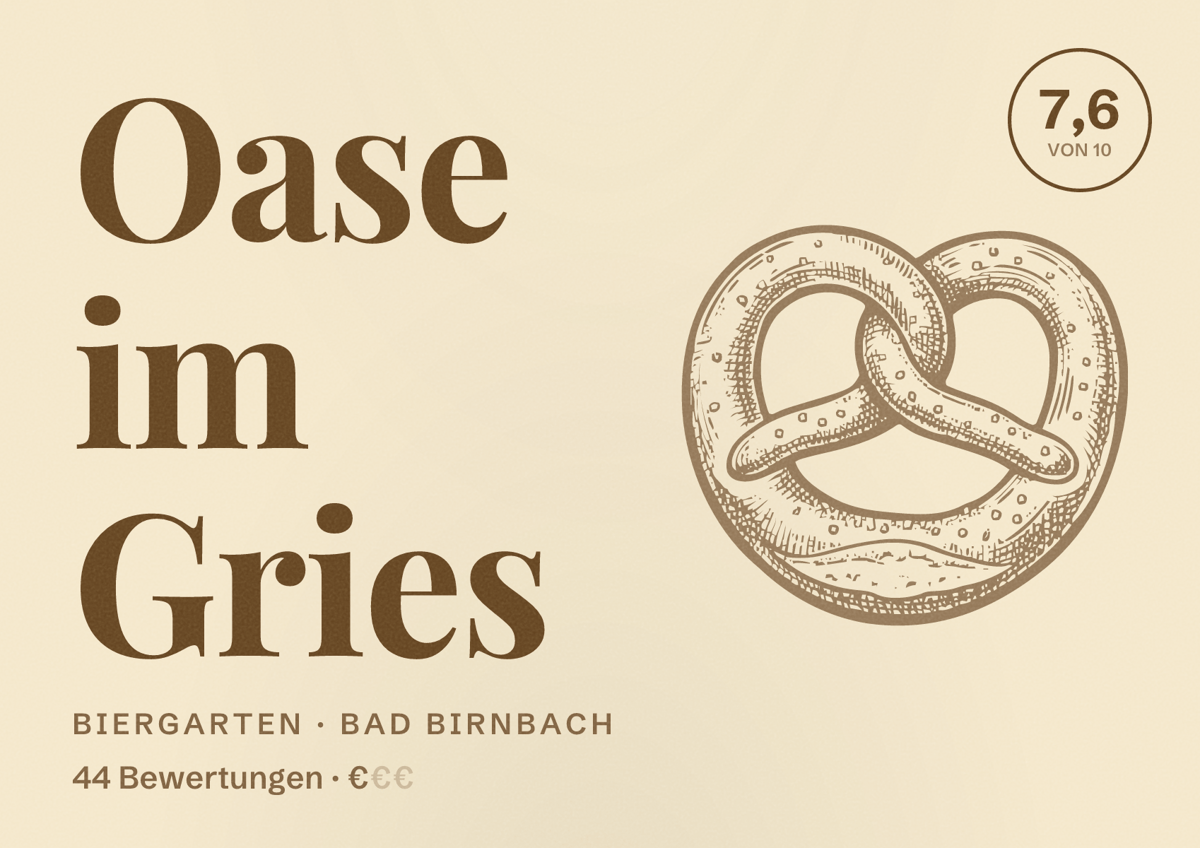 Illustriertes Poster von Oase im Gries, Biergarten in Bad Birnbach: Bewertung 7,6 von 10 aus 44 Bewertungen, Preisniveau €