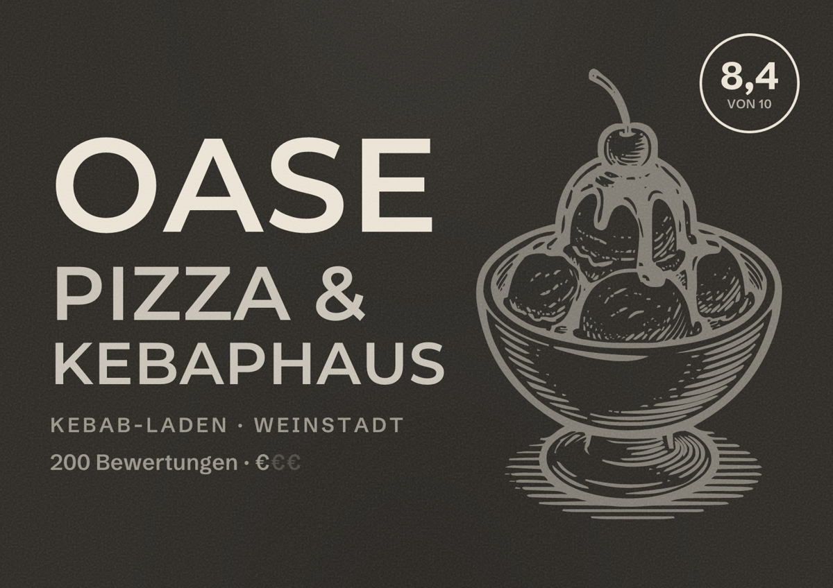 Illustriertes Poster von OASE Pizza & Kebaphaus, Kebab-Laden in Weinstadt: Bewertung 8,4 von 10 aus 200 Bewertungen, Preisniveau €