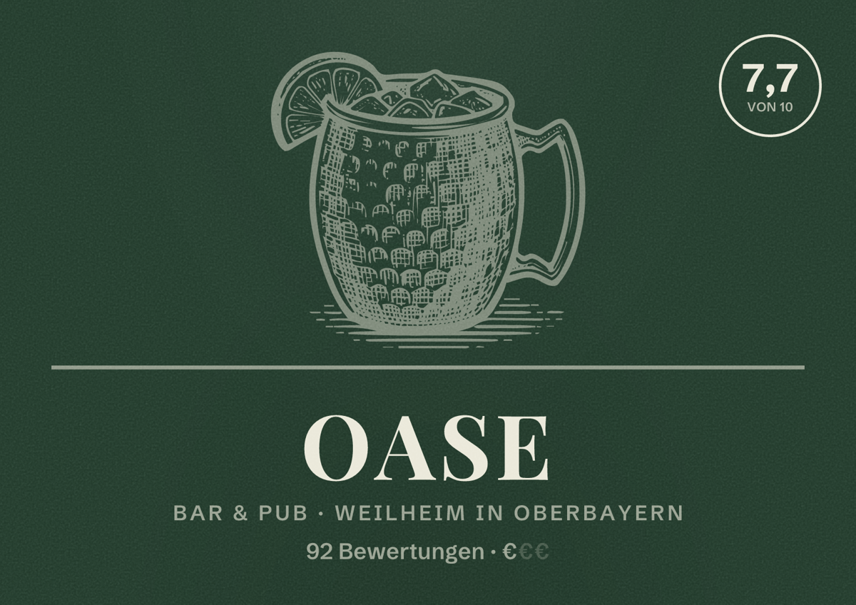 Illustriertes Poster von Oase, Bar & Pub in Weilheim in Oberbayern: Bewertung 7,7 von 10 aus 92 Bewertungen, Preisniveau €
