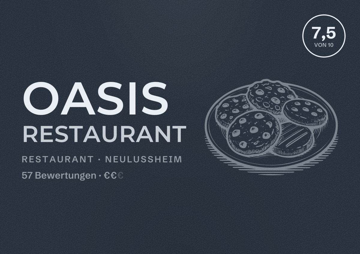 Illustriertes Poster von Oasis Restaurant, Restaurant in Neulußheim: Bewertung 7,5 von 10 aus 57 Bewertungen, Preisniveau €€