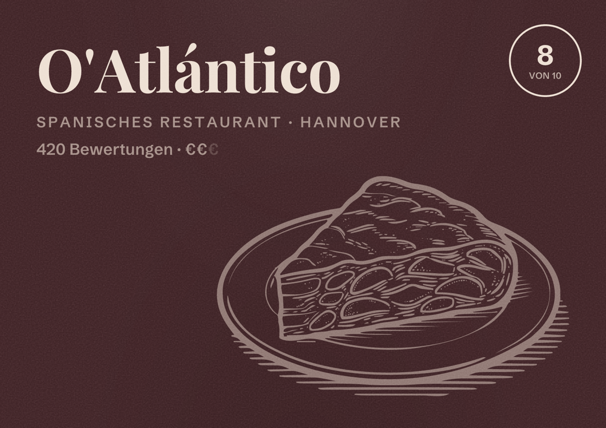 Illustriertes Poster von O'Atlántico, Spanisches Restaurant in Hannover: Bewertung 8,0 von 10 aus 420 Bewertungen, Preisniveau €€