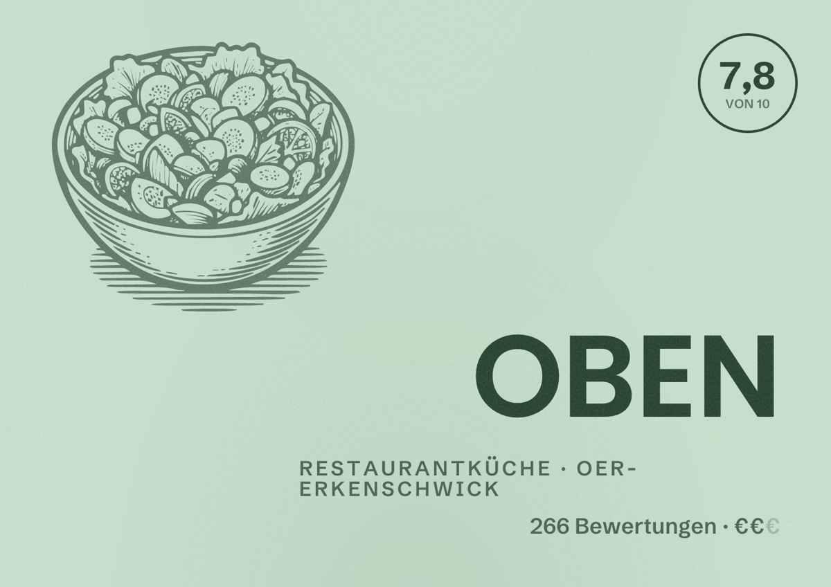 Illustriertes Poster von OBEN, Restaurantküche in Oer-Erkenschwick: Bewertung 7,8 von 10 aus 266 Bewertungen, Preisniveau €€