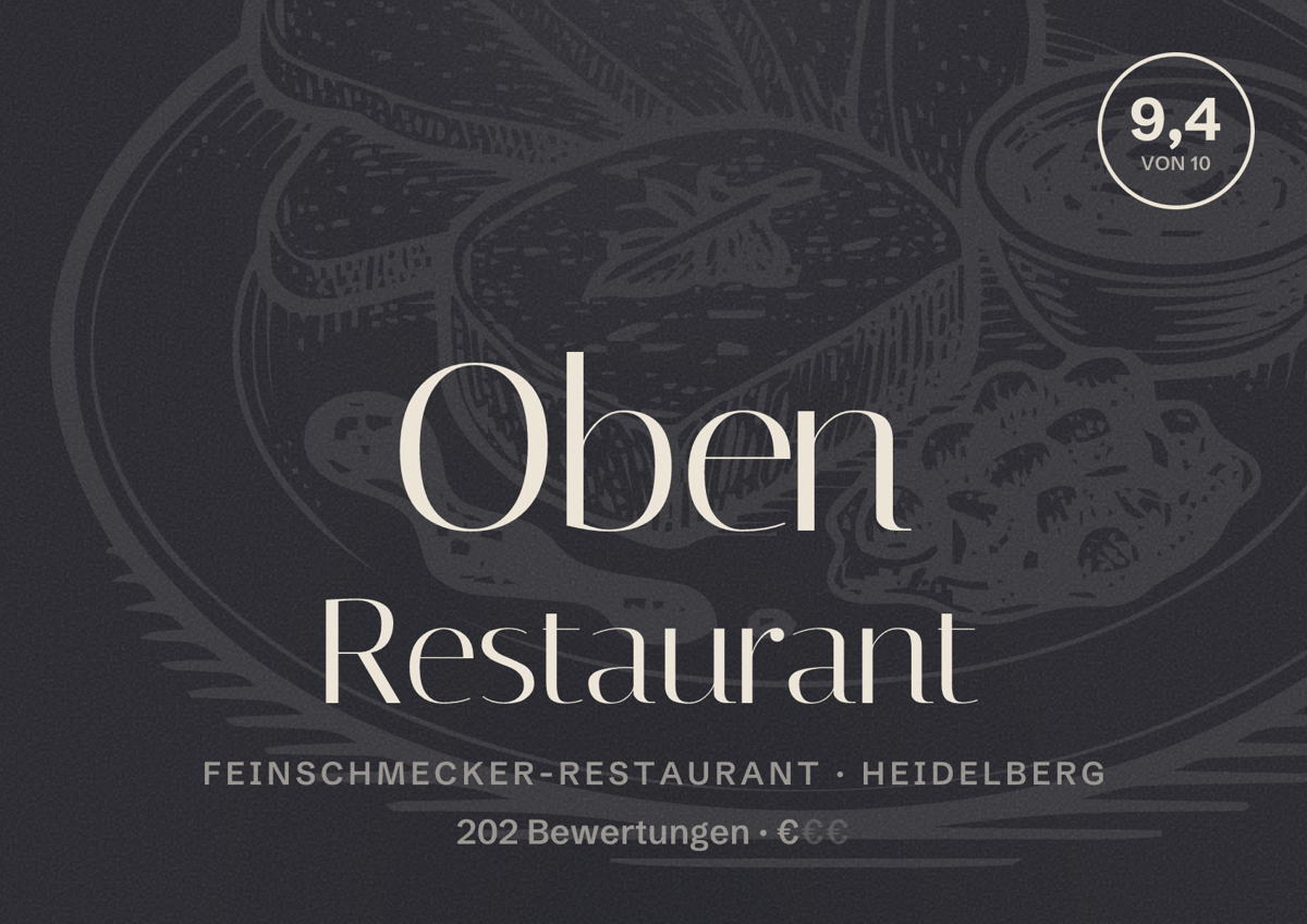 Illustriertes Poster von Oben Restaurant, Feinschmecker-Restaurant in Heidelberg: Bewertung 9,4 von 10 aus 202 Bewertungen, Preisniveau €
