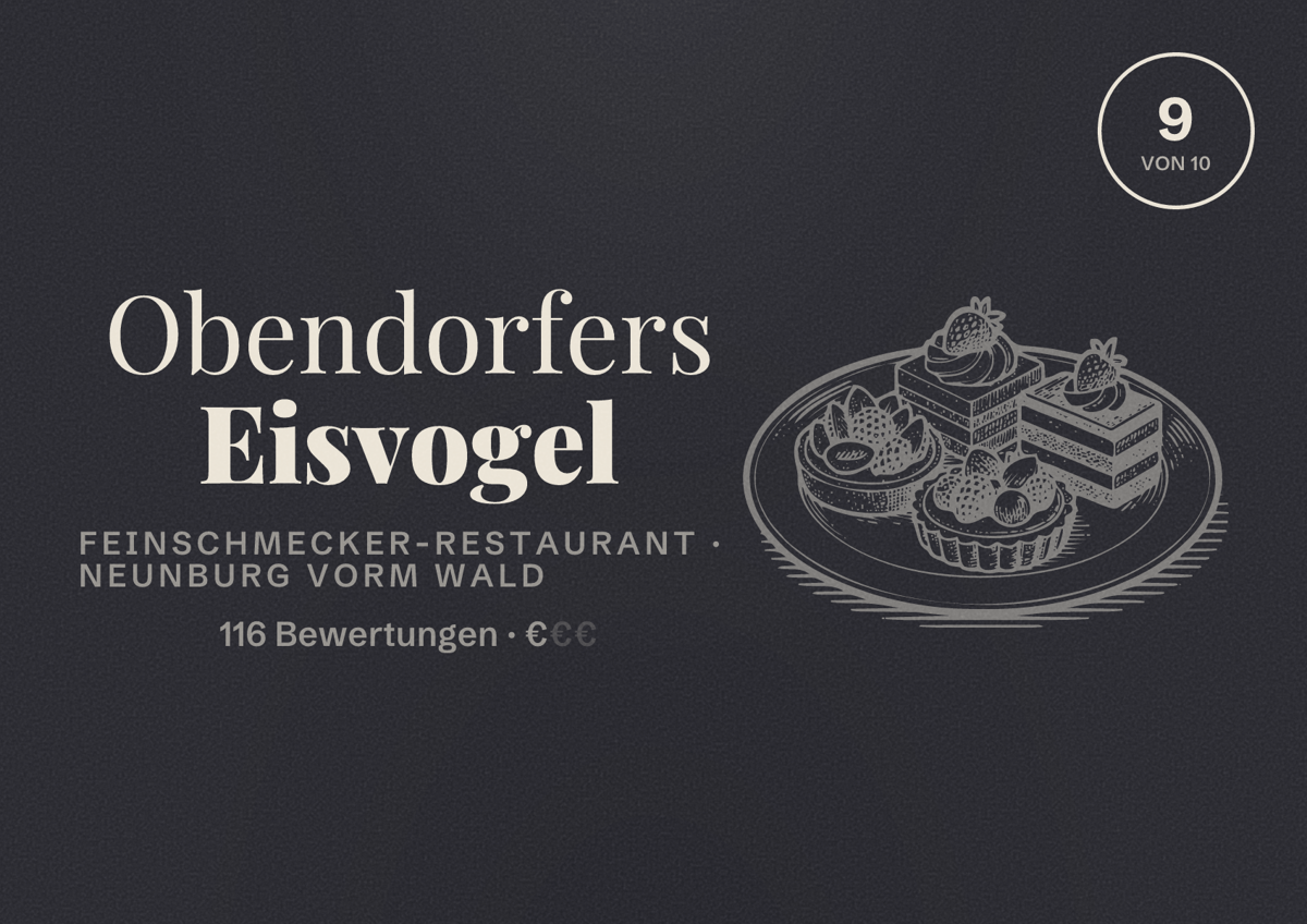 Illustriertes Poster von Obendorfers Eisvogel, Feinschmecker-Restaurant in Neunburg vorm Wald: Bewertung 9 von 10 aus 116 Bewertungen, Preisniveau €