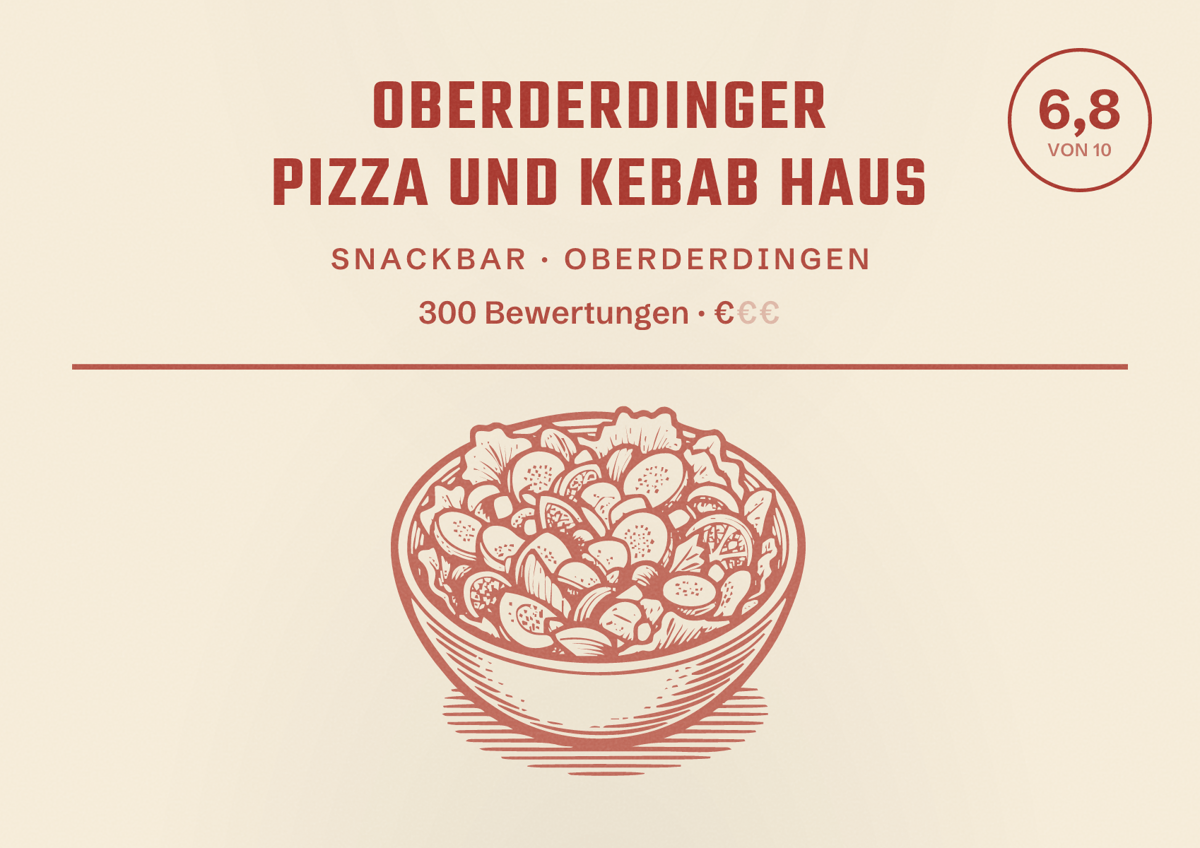 Illustriertes Poster von Oberderdinger Pizza und Kebab Haus, Snackbar in Oberderdingen: Bewertung 6,8 von 10 aus 300 Bewertungen, Preisniveau €