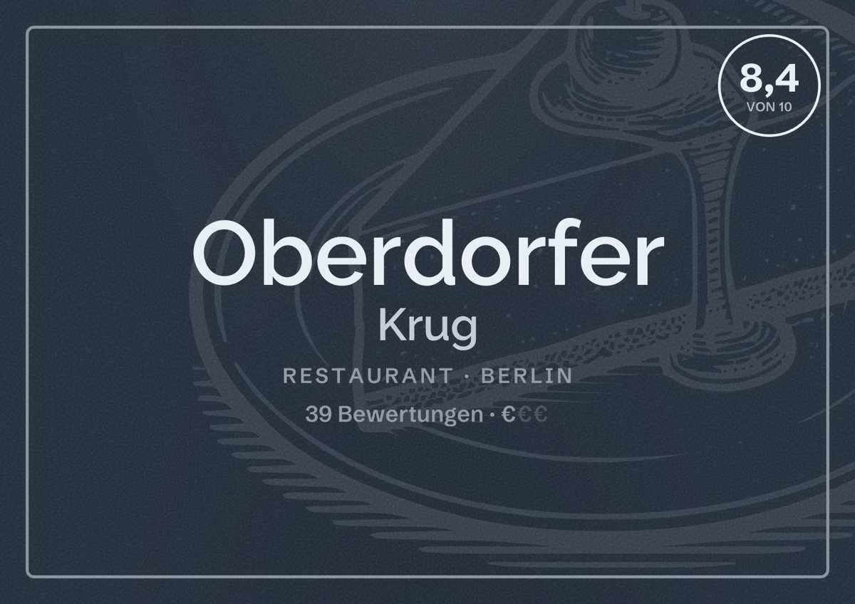 Illustriertes Poster von Oberdorfer Krug, Restaurant in Berlin: Bewertung 8,4 von 10 aus 39 Bewertungen, Preisniveau €