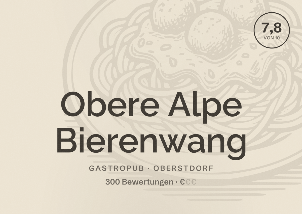 Illustriertes Poster von Obere Alpe Bierenwang, Gastropub in Oberstdorf: Bewertung 7,8 von 10 aus 300 Bewertungen, Preisniveau €