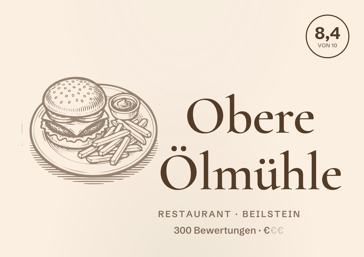 Illustriertes Poster von Obere Ölmühle, Restaurant in Beilstein: Bewertung 8,4 von 10 aus 300 Bewertungen, Preisniveau €
