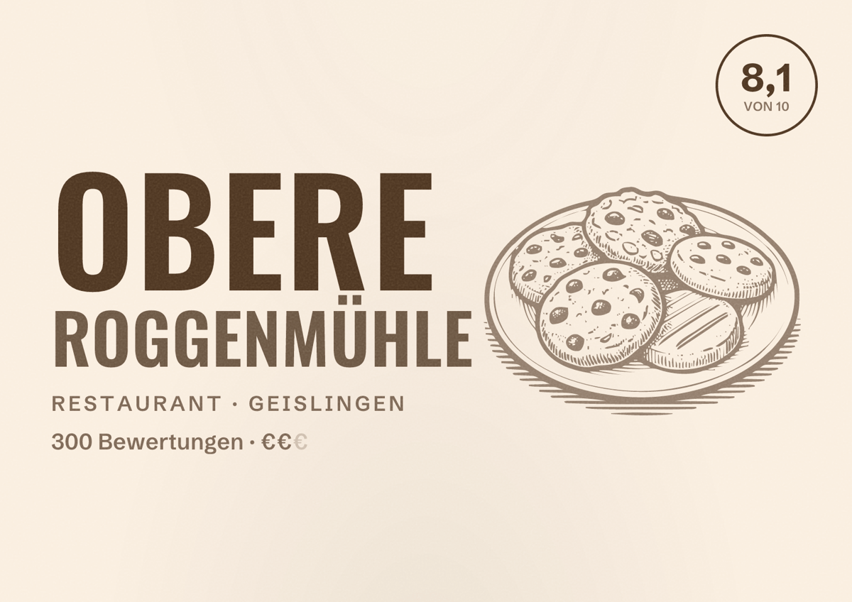 Illustriertes Poster von Obere Roggenmühle, Restaurant in Geislingen: Bewertung 8,1 von 10 aus 300 Bewertungen, Preisniveau €€