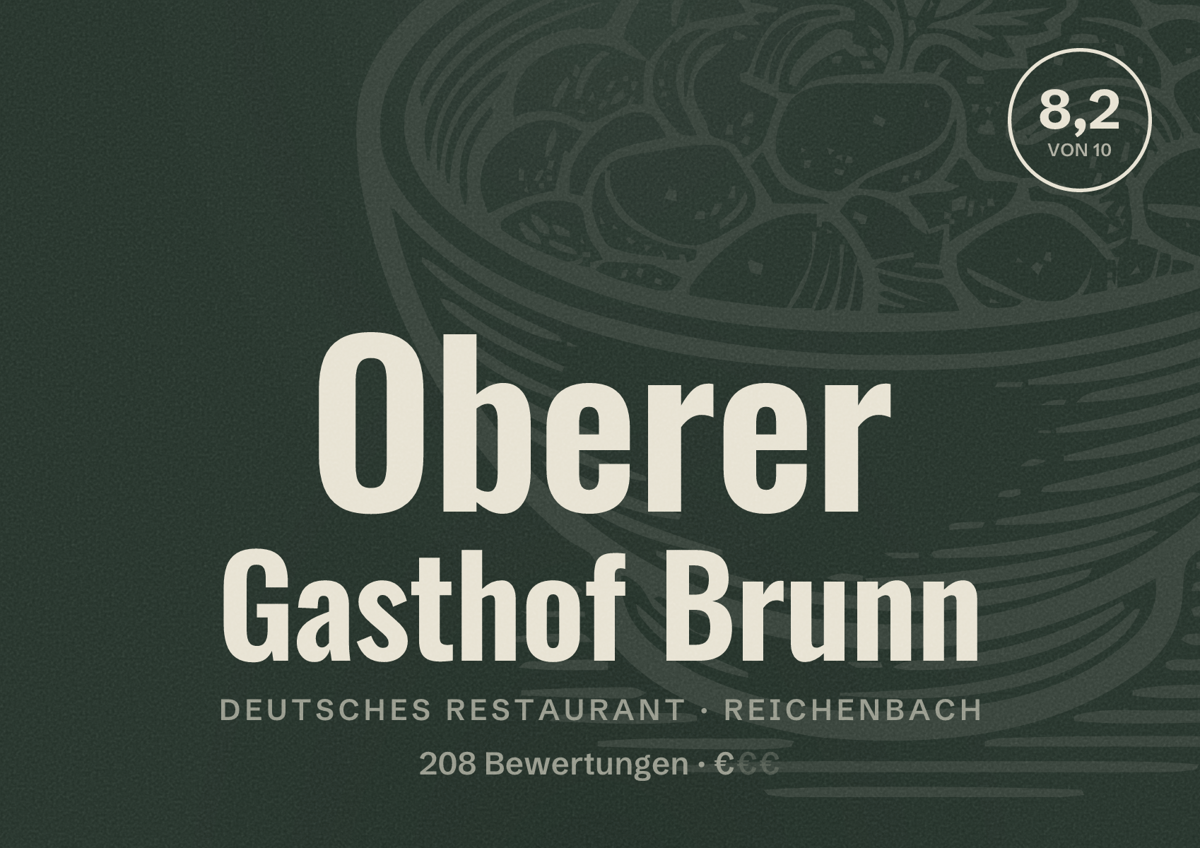 Illustriertes Poster von Oberer Gasthof Brunn, Deutsches Restaurant in Reichenbach: Bewertung 8,2 von 10 aus 208 Bewertungen, Preisniveau €