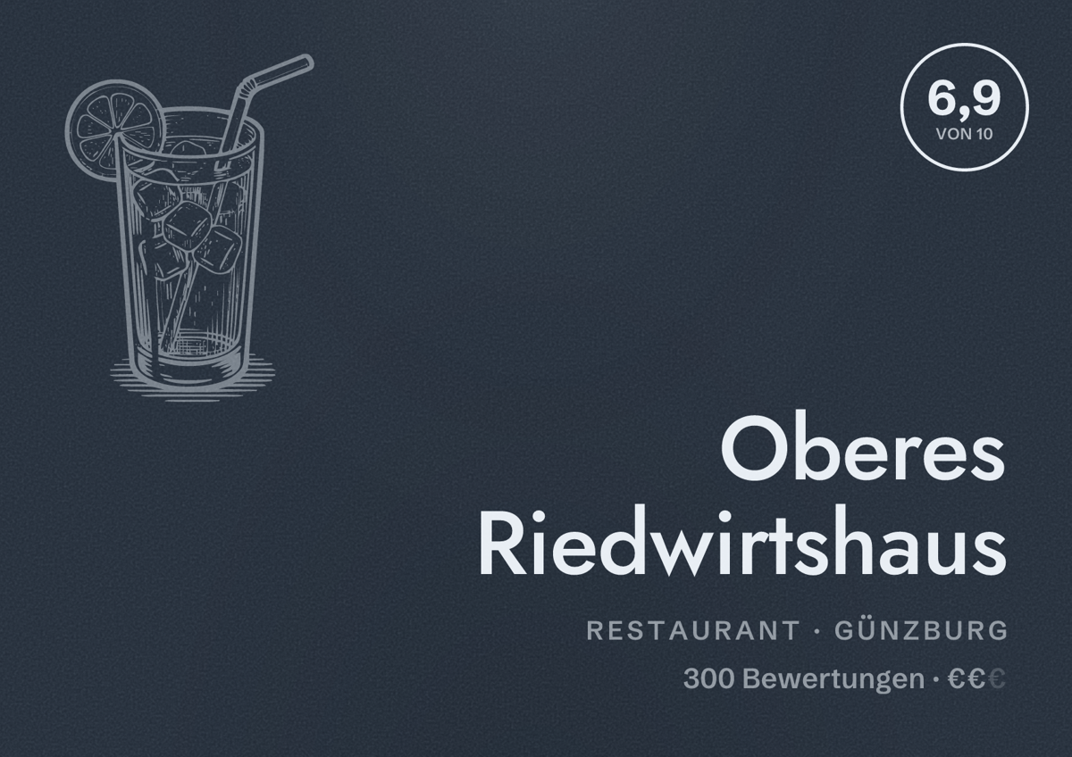 Illustriertes Poster von Oberes Riedwirtshaus, Restaurant in Günzburg: Bewertung 6,9 von 10 aus 300 Bewertungen, Preisniveau €€