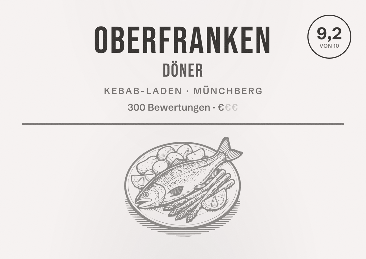 Illustriertes Poster von Oberfranken Döner, Kebab-Laden in Münchberg: Bewertung 9,2 von 10 aus 300 Bewertungen, Preisniveau €