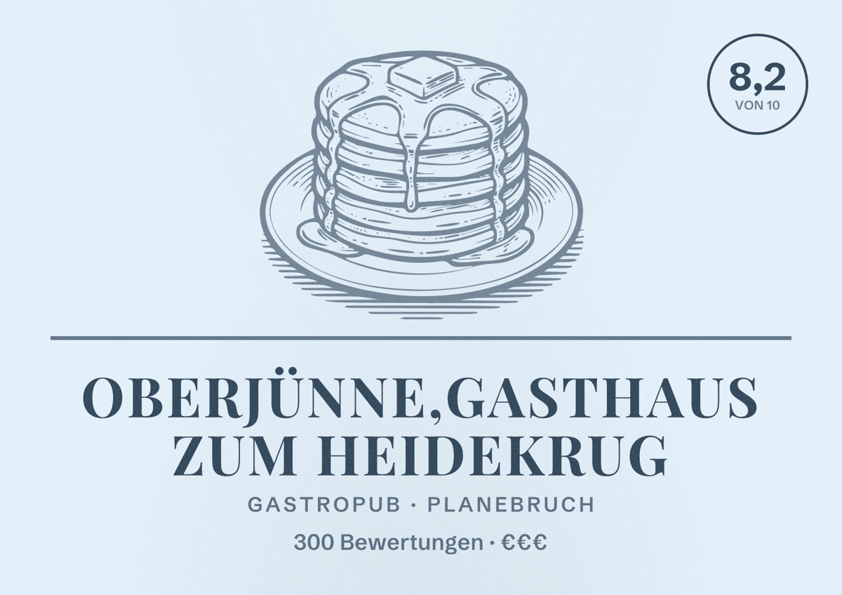 Illustriertes Poster von Oberjünne,Gasthaus zum Heidekrug, Gastropub in Planebruch: Bewertung 8,2 von 10 aus 300 Bewertungen, Preisniveau €€€