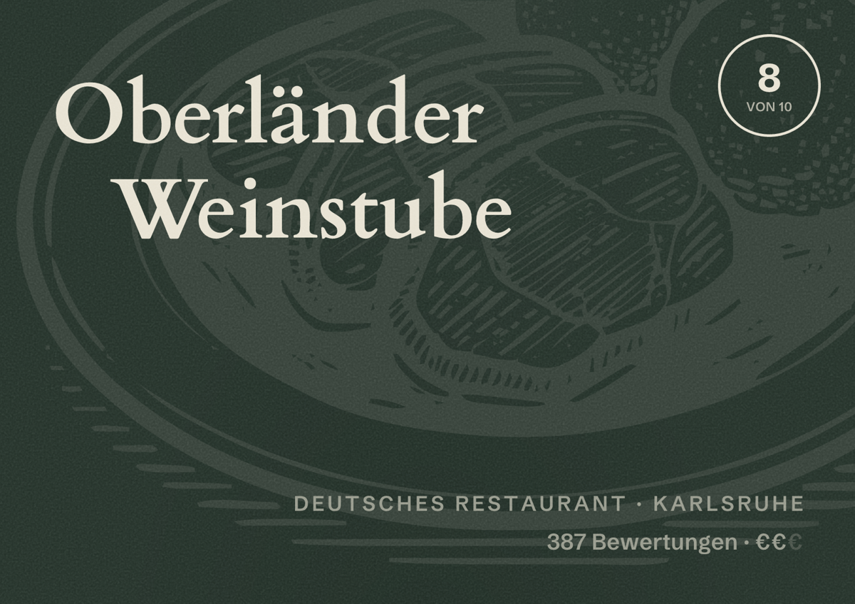 Illustriertes Poster von Oberländer Weinstube, Deutsches Restaurant in Karlsruhe: Bewertung 8 von 10 aus 387 Bewertungen, Preisniveau €€