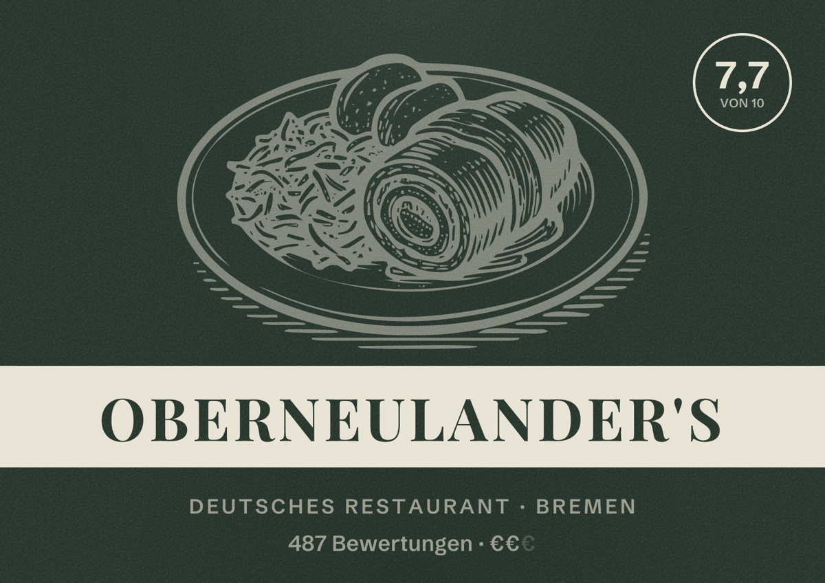 Illustriertes Poster von Oberneulander's, Deutsches Restaurant in Bremen: Bewertung 7,7 von 10 aus 487 Bewertungen, Preisniveau €€
