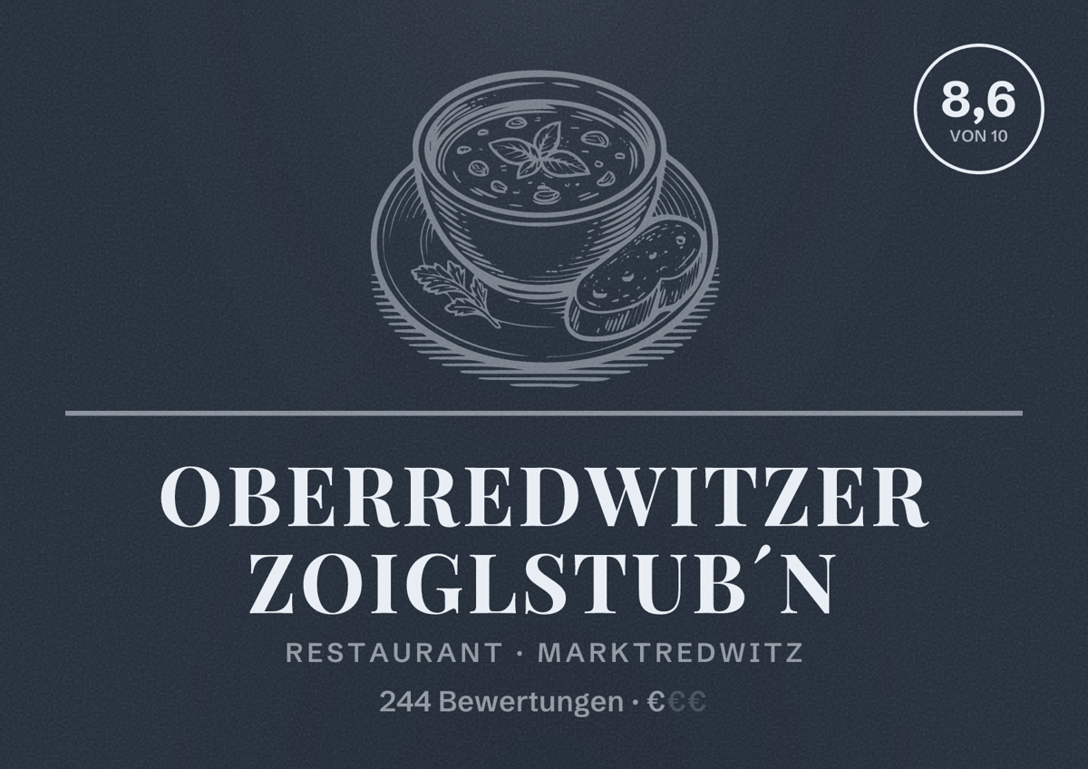 Illustriertes Poster von Oberredwitzer Zoiglstub´n, Restaurant in Marktredwitz: Bewertung 8,6 von 10 aus 244 Bewertungen, Preisniveau €