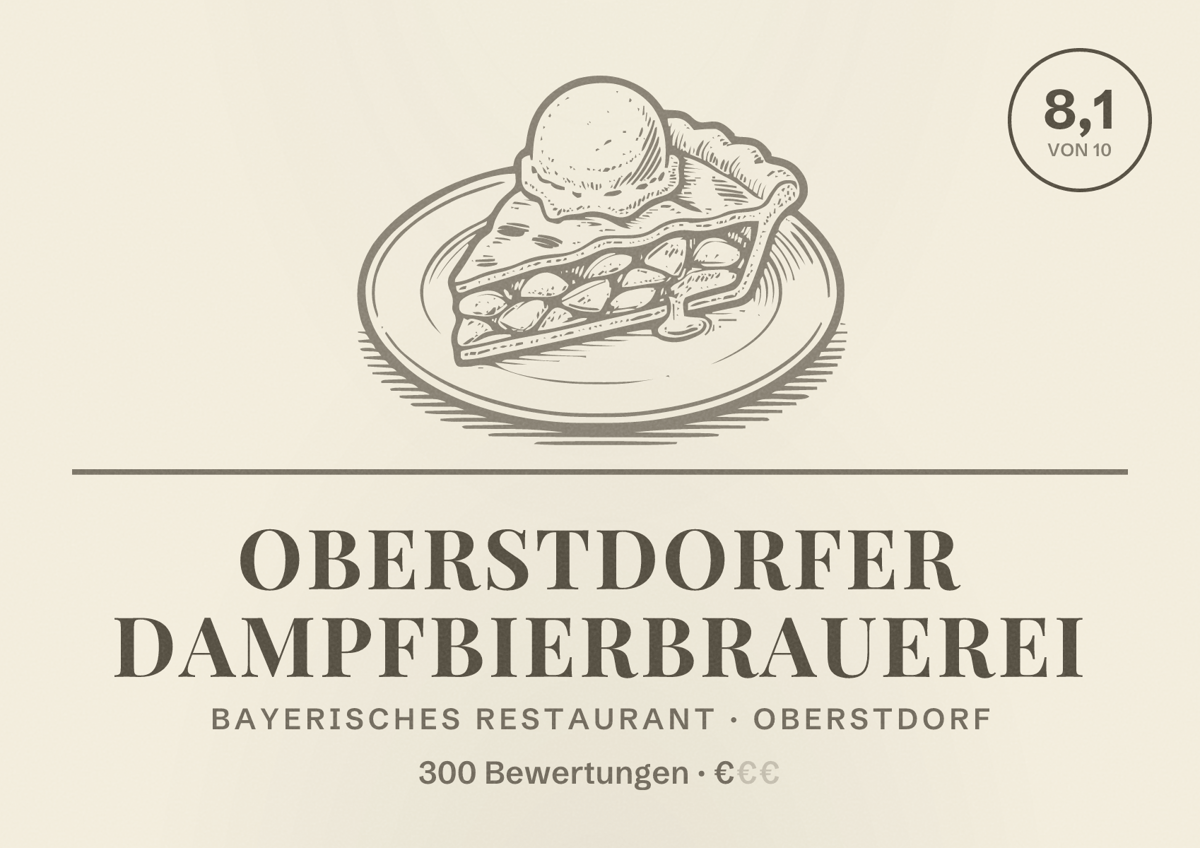 Illustriertes Poster von Oberstdorfer Dampfbierbrauerei, Bayerisches Restaurant in Oberstdorf: Bewertung 8,1 von 10 aus 300 Bewertungen, Preisniveau €