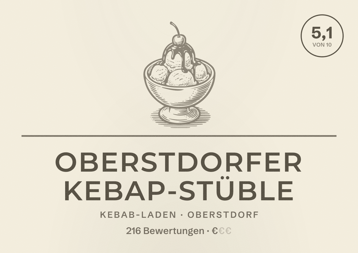Illustriertes Poster von Oberstdorfer Kebap-Stüble, Kebab-Laden in Oberstdorf: Bewertung 5,1 von 10 aus 216 Bewertungen, Preisniveau €
