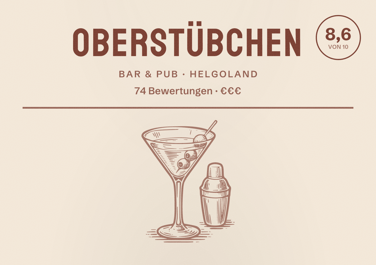 Illustriertes Poster von Oberstübchen, Bar & Pub in Helgoland: Bewertung 8,6 von 10 aus 74 Bewertungen, Preisniveau €€€