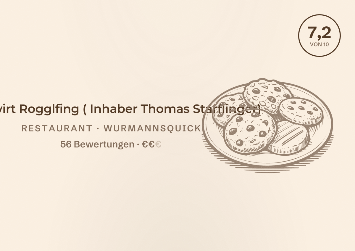 Illustriertes Poster von Oberwirt Rogglfing ( Inhaber Thomas Starflinger), Restaurant in Wurmannsquick: Bewertung 7,2 von 10 aus 56 Bewertungen, Preisniveau €€