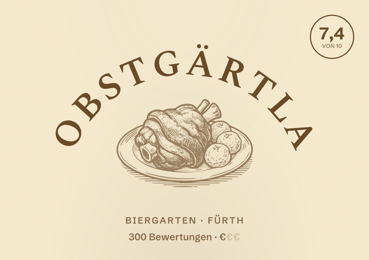 Illustriertes Poster von Obstgärtla, Biergarten in Fürth: Bewertung 7,4 von 10 aus 300 Bewertungen, Preisniveau €