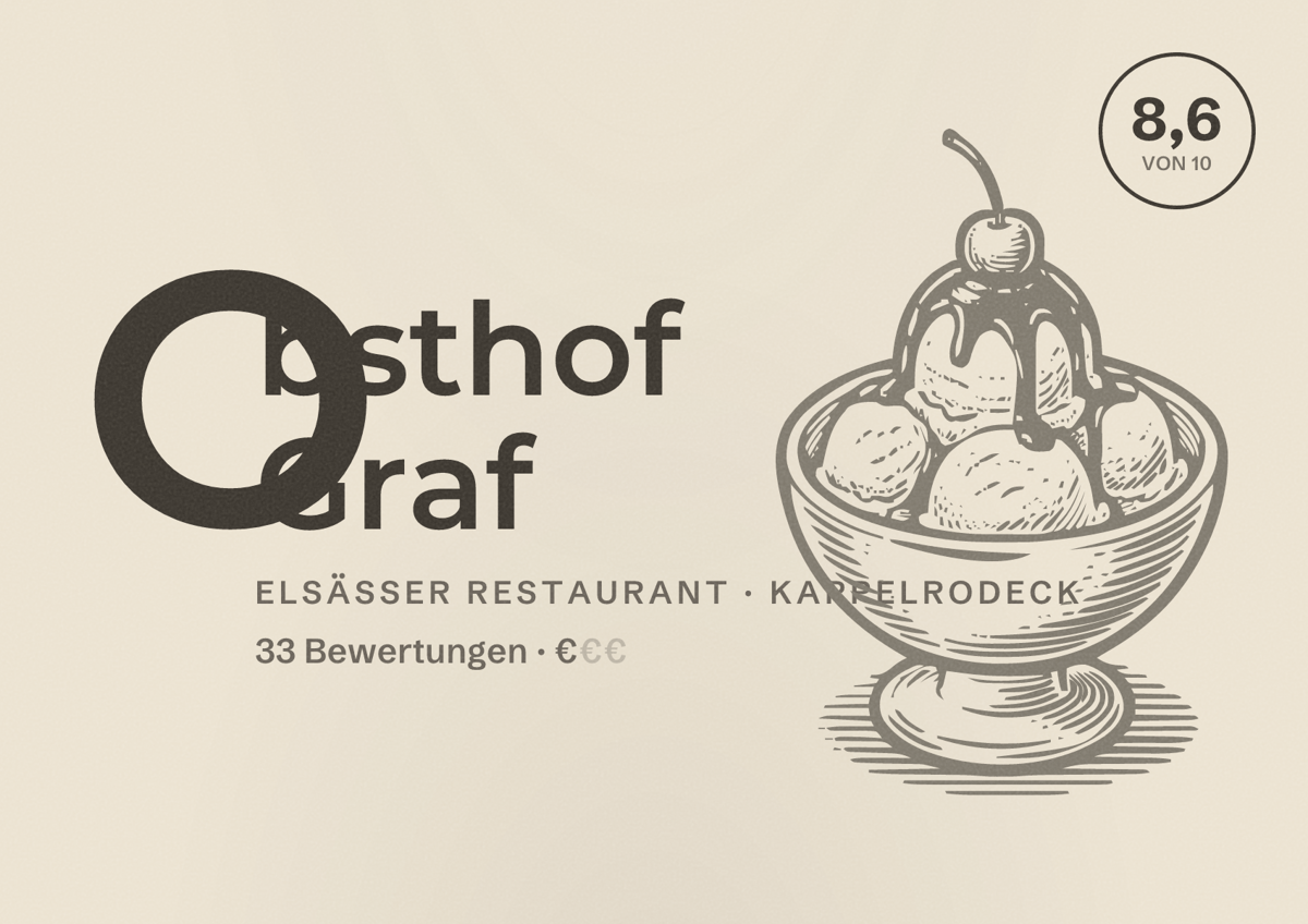 Illustriertes Poster von Obsthof Graf, Elsässer Restaurant in Kappelrodeck: Bewertung 8,6 von 10 aus 33 Bewertungen, Preisniveau €