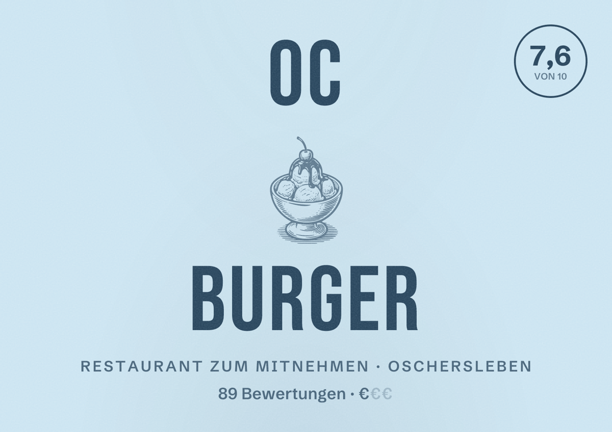 Illustriertes Poster von OC BURGER, Restaurant zum Mitnehmen in Oschersleben: Bewertung 7,6 von 10 aus 89 Bewertungen, Preisniveau €