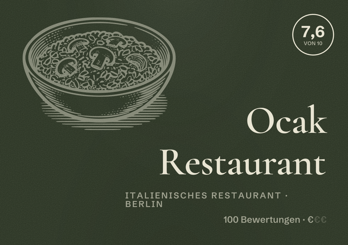 Illustriertes Poster von Ocak Restaurant, Italienisches Restaurant in Berlin: Bewertung 7,6 von 10 aus 100 Bewertungen, Preisniveau €