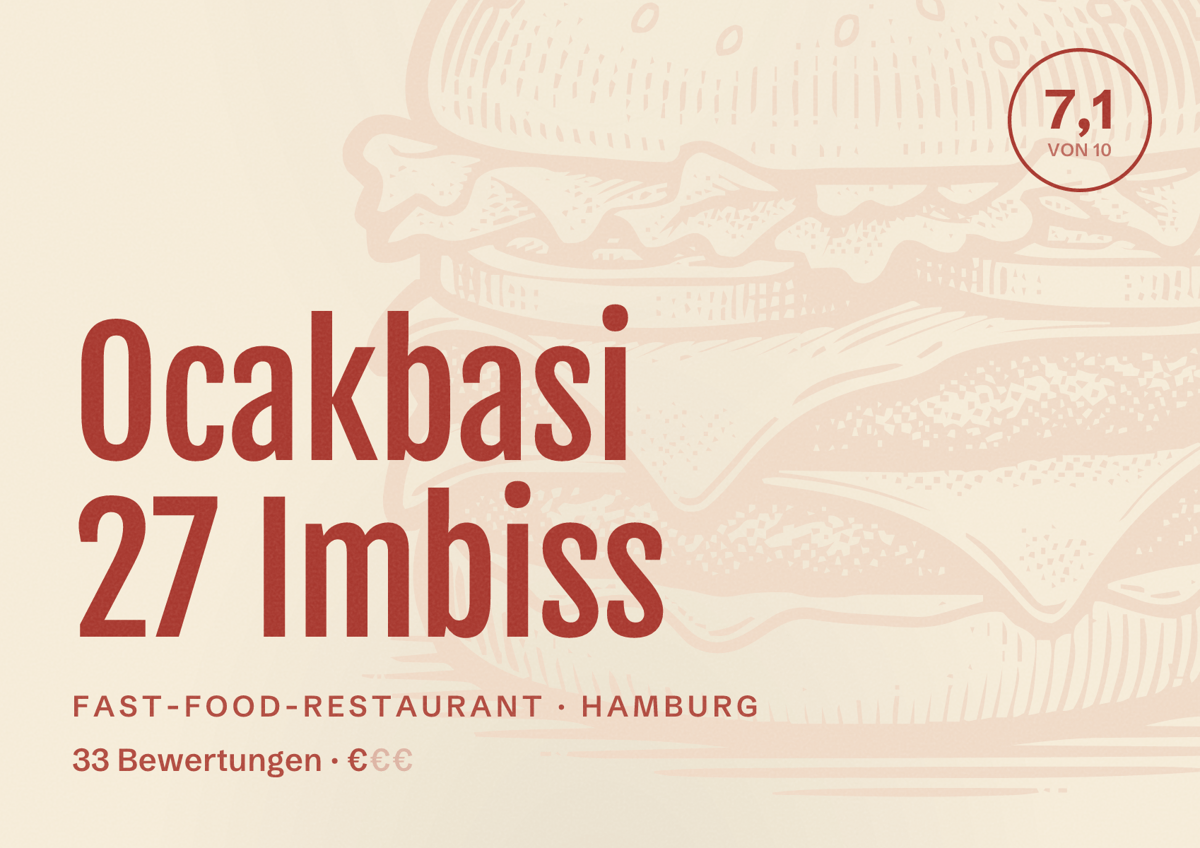 Illustriertes Poster von Ocakbasi 27 Imbiss, Fast-Food-Restaurant in Hamburg: Bewertung 7,1 von 10 aus 33 Bewertungen, Preisniveau €