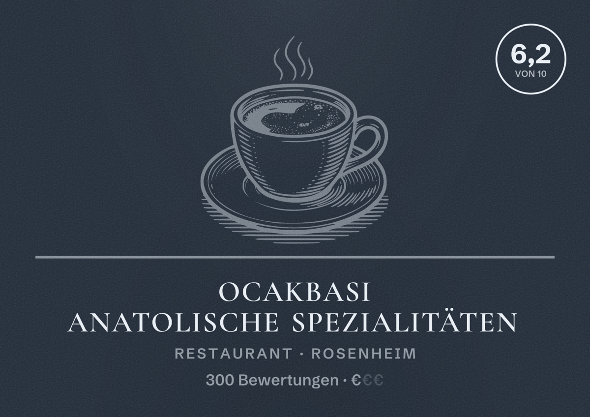 Illustriertes Poster von Ocakbasi Anatolische Spezialitäten, Restaurant in Rosenheim: Bewertung 6,2 von 10 aus 300 Bewertungen, Preisniveau €