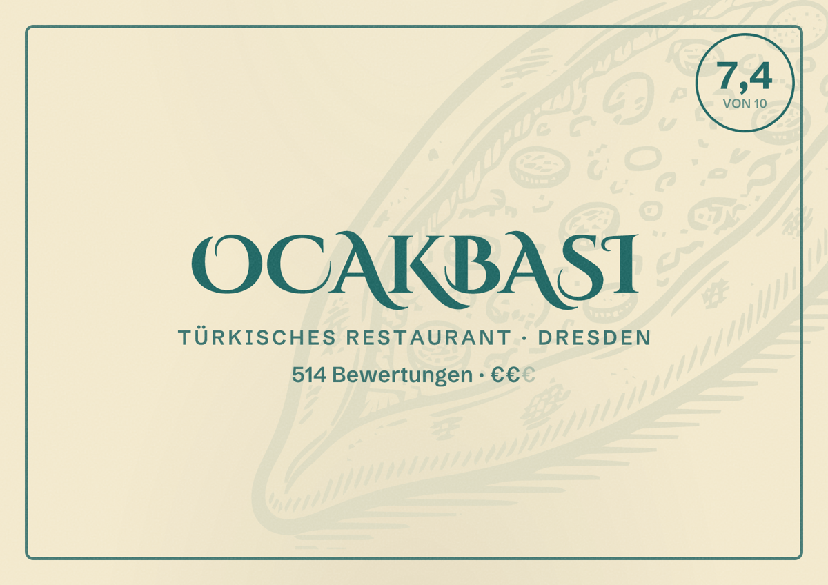 Illustriertes Poster von OCAKBASI, Türkisches Restaurant in Dresden: Bewertung 7,4 von 10 aus 514 Bewertungen, Preisniveau €€